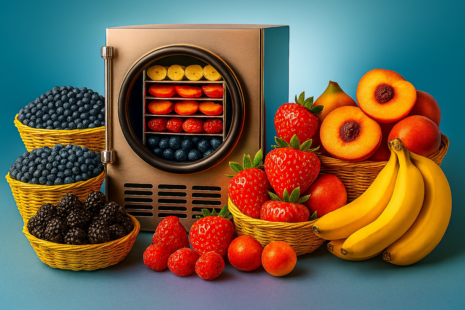 Five tray freeze dryer with berries around it